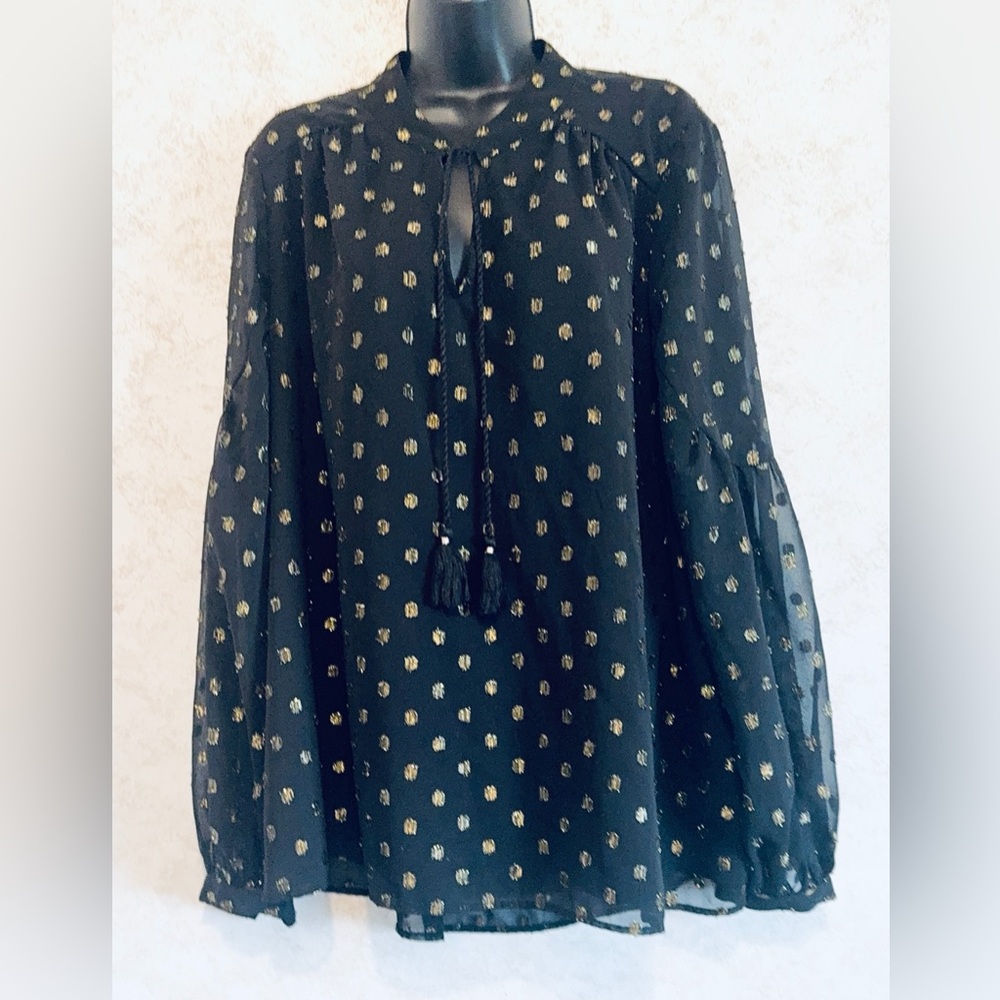 Crown & Ivy Women's Sheer Lined Blouse Long Sleeve Tasseled Black Gold Size XXL